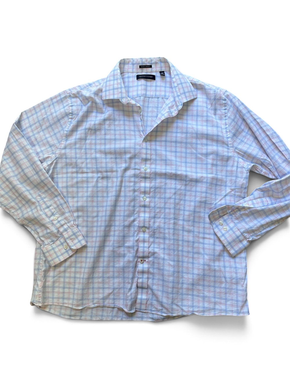 Tommy Hilfiger Pastel Blue and Pink Plaid Dress Shirt